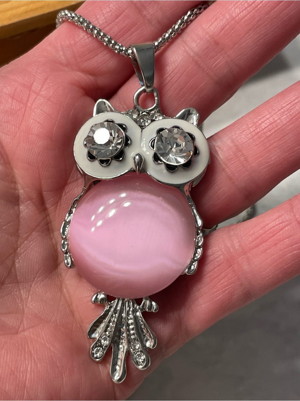 Massini Silver-Tone Owl Pendant Necklace with Pink Jelly Belly Body